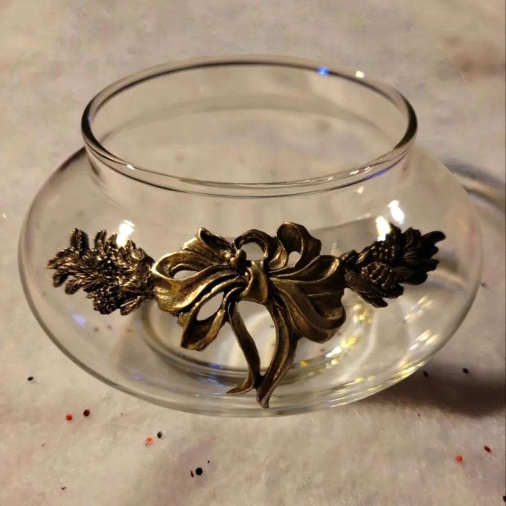 Vtg Pewter Bow Pinecone Accented Small Aquarium Shaped Round Clear Glass Bowl - Picture 1 of 4